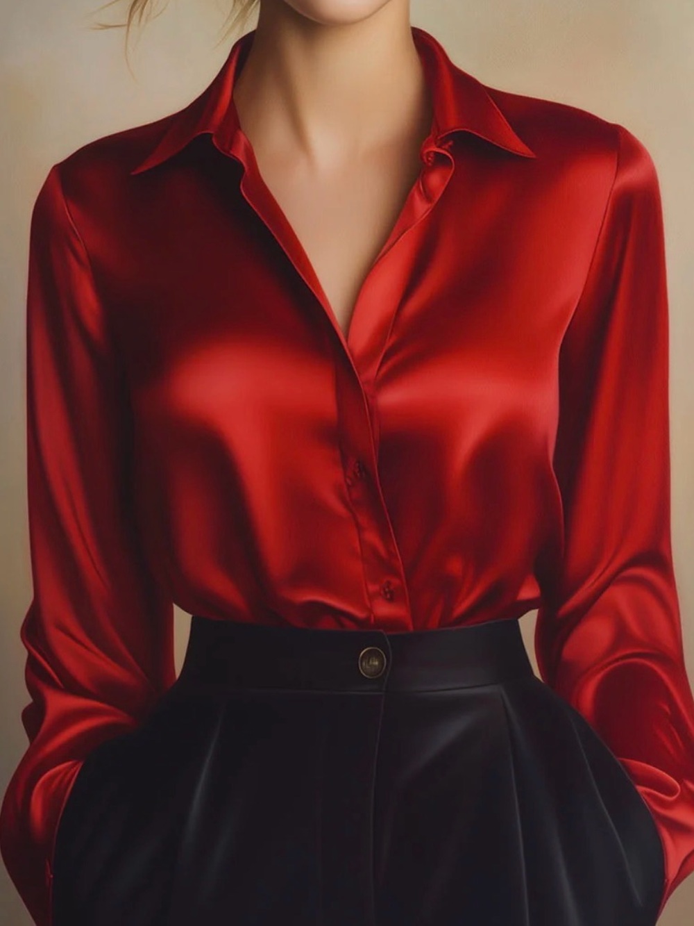 Classic Red Satin Button-Down Blouse
